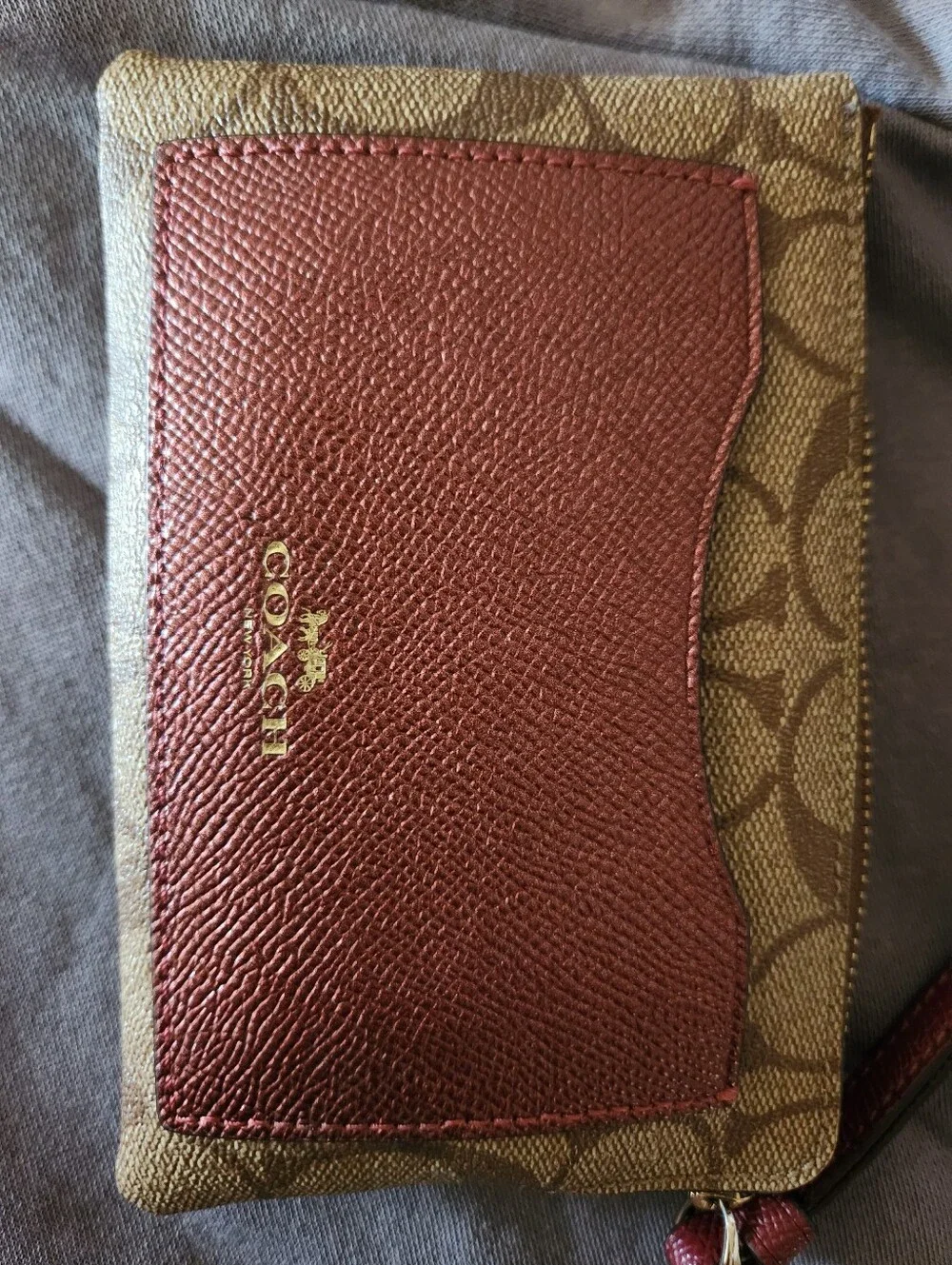 Coach Brown Signature Canvas Card Wallet with Burgundy Leather Pocket - Picture 1 of 6